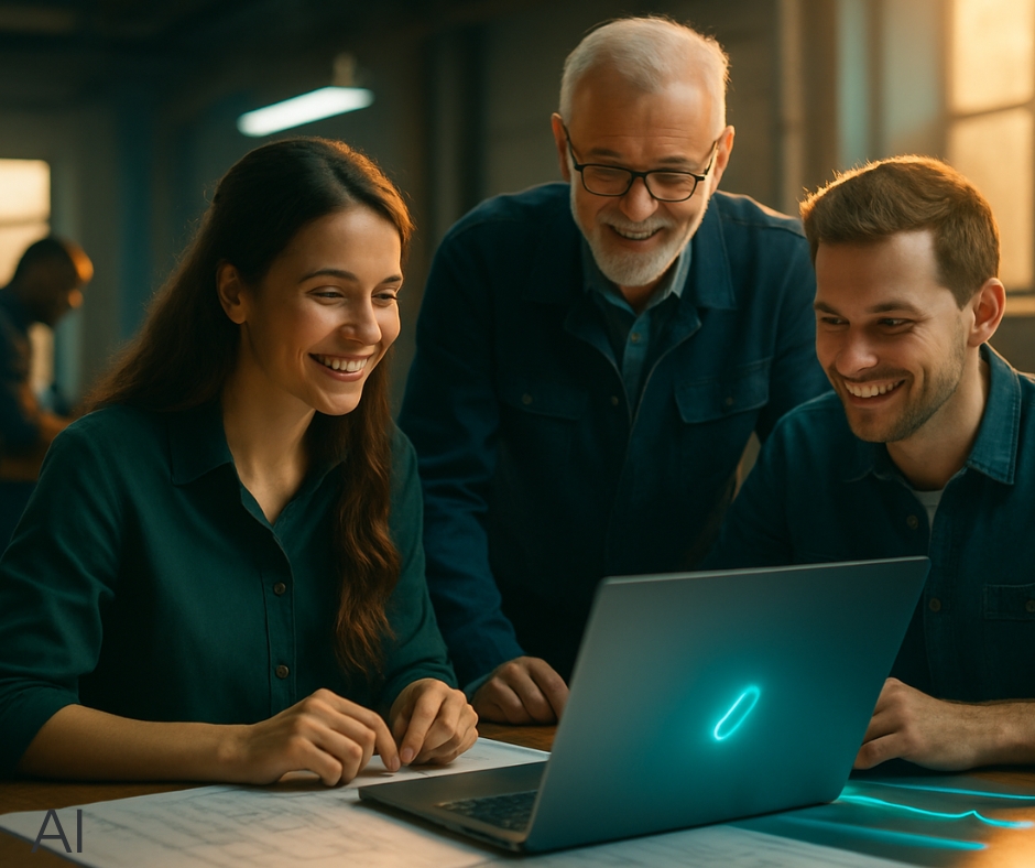 AI-generiertes Bild von Personen bei der täglichen Entwicklungsarbeit im Technikteam. Dient nur zur Veranschaulichung.