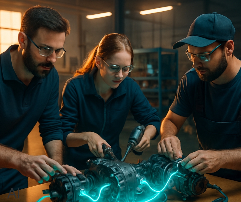 AI-generiertes Bild von Personen bei der täglichen Produktionsarbeit. Dient nur zur Veranschaulichung.