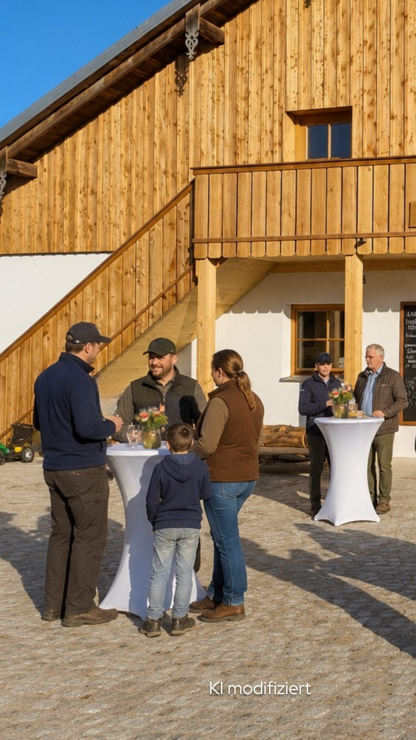 Zu sehen ist ein KI modifziertes Bild von einem modernen landwirtschaftlichen Hof. Es findet eine Veranstaltung von TADUS statt.