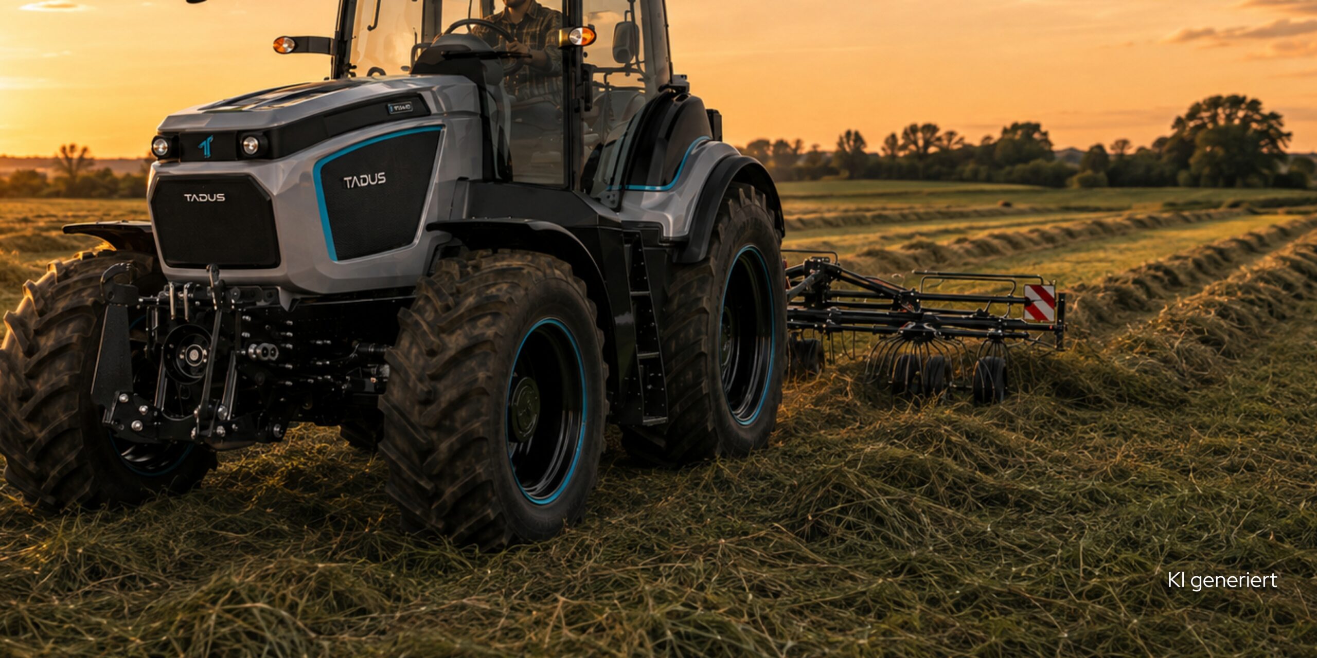 Zu sehen ist ein KI generiertes Bild des TADUS T16.20 Traktors auf einem Feld.